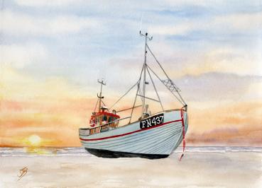 Folienmagnet Fischerboot im Sonnenuntergang Aquarell Maritim Kunst Druck Kunstdruck Dänemark Nordsee Düne Meer Möwe Strand